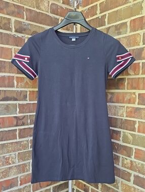 Tommy Hilfiger Navy Short Sleeve Logo Shift Dress with Red-White Stripe Cuffs